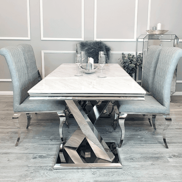 Xavia 1.8m Dining Table with Marble, Sintered Stone, or Glass Top & Polished Stainless Steel Base - UK Luxury Furniture